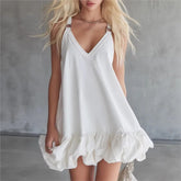 Lunivop Women's Dress V-neck Ruffle Suspender Style Spring And Summer New Loose Elegant Casual Solid Color Mini Short Dress