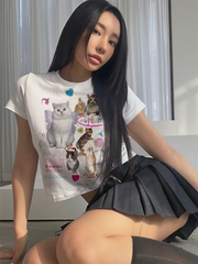 Lunivop Japanese y2k Kawaii Cat Print Short Sleeve Tee Women Grunge Crop Tops Fairycore Graphic T-shirt E-girl 2000s Korean Fashion