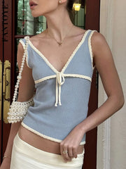 Lunivop Knitted Deep V-neck Bow Women Crop Top Blue Patchwork Spaghetti Strap Tank Top Female Spring Slim Casual Streetwear 2024