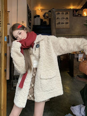 Lunivop Retro Sweet Faux Lamb Coat Women Loose Preppy Style Sweet Long Sleeve Warm Jacket Korean Vintage Casual Pockets Winter Tops