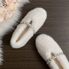 Lunivop Fashion Leopard Fur Ballet Flats Woman Designer Rhinestone Buckle Strap Mary Jane Shoes Ladies Winter Warm Plush Shallow Loafers