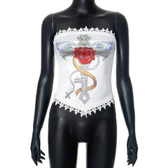 Lunivop Summer fashion trend abstract cross print design lace splicing tube top sleeveless short top