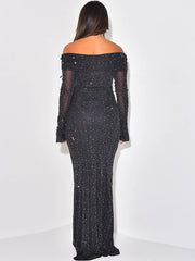 Lunivop Sexy Off Shoulder Sequins Sparkling Women Maxi Dress Black Long Sleeve Evening Dress Winter Slim Elegant Party Clubwear