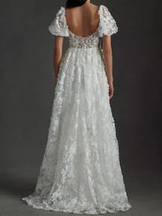 Lunivop Elegant Sexy A-Line Backless New Floor-Length Appliques Lace Formal Bride Dresses for Women Wedding Party Dress