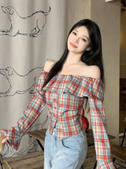 Lunivop Ruffles Off Shoulder Plaid Shirt Women Flare Sleeve Slim Sexy Slash Neck Blouse Korean Vintage Female Sweet Elegant Tops