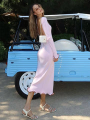 Lunivop Knitted Sexy Backless Ruffles Maxi Dress For Women Long Sleeve Evening Dress Female Autumn Skinny Elegant Party Clubwear