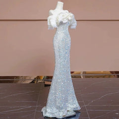 Lunivop High End Luxury Ruffle Temperament Slash Neck Mermaid Dresses French Slim Waist Sequin Long Vestidos New Bling Evening Gown