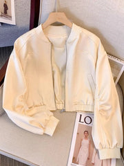 Lunivop Baseball Y2K Satin Jackets Women Slim Long Sleeve Streetwear Vintage Short Coats Vintage Korean Pockets O Neck Fall Winter Tops