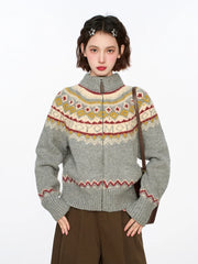 Lunivop Vintage Harajuku Print Cardigan Sweaters Women Soft Streetwear Long Sleeve Knitted Jacket Retro American Casual Zipper Gray Tops