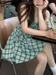 Lunivop Vintage Sweet Y2K Casual Chic Dress Women Slim Fit Bow V Neck Checkered Dress Summer Sexy Chic Spaghetti Strap Mini Skirt Outfit
