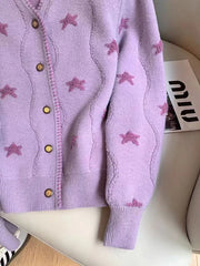 Lunivop Stars Print Vintage Cardigan Women Casual Cute Long Sleeve Loose Knitted Sweater Korean Retro O Neck Female Purple Tops New