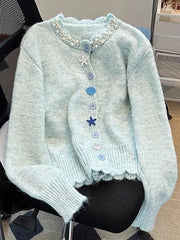 Lunivop Women Korean Sweet Cardigan Fashion Pearls O Neck Long Sleeve Knitted Sweaters Chic Design Buttons Female Fall Tops Coats