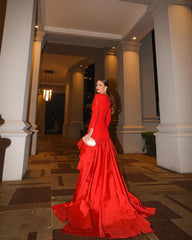 Lunivop Red High Low Prom Evening Dresses Women Long Sleeve Formal Cocktail Dress Sweep Train Sapanish Night Party Gown Custom Made