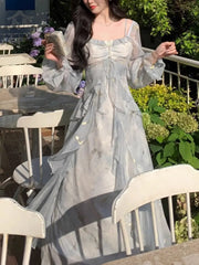 Lunivop Light Gray Square Neck Long Sleeve Women's Dress Shimmer Embellished Tiered Ruffle Maxi DressSheer Chiffon Fairy Casual Gown