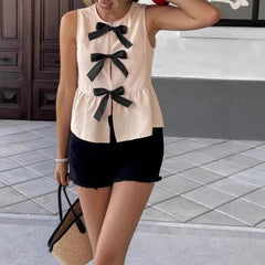 Lunivop Summer Euramerican Sweet Elegant O Neck Sleeveless Tank Tops Y2k Constrast Color Bow Design Sweet Cool Camisole Harajuku Tops