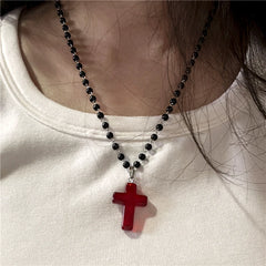 Lunivop Gothic Vintage Red Glass Cross Pendant Black Bead Rope Chain Necklace For Women Men Y2K Aesthetic EMO Grunge Jewelry Accessories