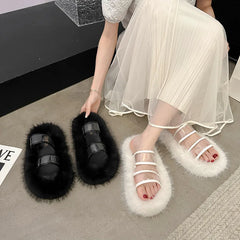 Lunivop New Women's Transparent Band Fuzzy Slippers Fashion Fur Thick Sole Flip Flops Winter Fluffy Open Toe House Slippers Indoor Shoes