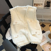 Lunivop Glittery Knit Ves for Women Soft Fuzzy Button-Down Pocket Sleeveless Plaid Jacket Coat Fall Winter Luxury Outfit