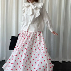 Lunivop Vintage Sweet Long Skirt Women Elegant Red Polka Dot Maxi Skirts Japanese Style Harajuku High Waist Loose Ruffle Skirts