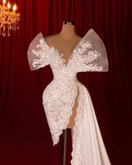 Lunivop Pretty Pearls Lace Prom Dresses Unique V Neck Appliques Organza Mermaid Evening Dress With Detachable Train Mesh Bride Gown