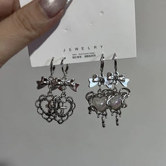 Lunivop New Fashion Silver Color Heart Bow Pendant Earrings set for Women Simple White Opal Heart Shaped Earrings Y2K Jewelry Gifts