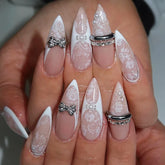 Lunivop 24Pcs Lace French Almond Press on Fake Nails 3D Silvery Bow Rhinestone False Nails with Pearl Detachable Manicure Nails Tips Art