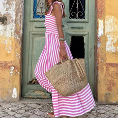 Lunivop Fashion Striped Summer A Line Long Dress Slash Neck Casual Street Lady Strap Sleeveless Backless A-Line Sundresses