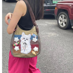 Lunivop Harajuku Cat Shoulder Bags Women Vintage Embroidery Patchwork Casual Tote Bag Handbag Female Sweet Y2k Bags Aesthetic