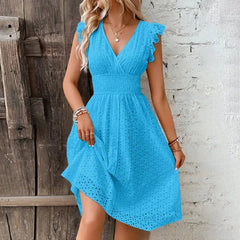 Lunivop Women's Dress Lace Jacquard Hollow Out Slim V Neck Elastic Waist Midi Dress Vacation Mid Length Dresses for Daily Wear Korean