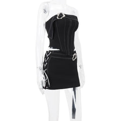 Lunivop Two-piece Trendy American Style Street Chic Matching Irregular Metal Decorative Outfit Strapless Zip Short Tube Top+Lacing Skirt