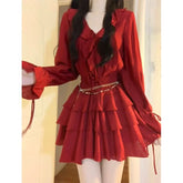 Lunivop Vintage V-neck Ruffles Long Sleeve Slim Fit Shirts Women+ Y2k High Waist Ruched A-line Skirts Spring New Two Piece Sets