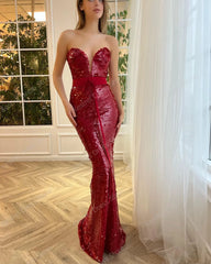 Lunivop Fashion Burgundy Sequined Mermaid Evening Dresses Strapless Sweetheart Sparkle Sequins Party Gowns Arabic Women Vestidos
