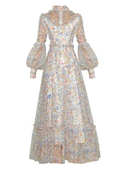 Lunivop Stand Collar Lantern Long Sleeve Mesh Floral Print Waist Cinching 2025 Spring New Big Swing Evening Wedding Dress