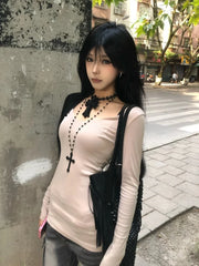 Lunivop Vintage T Shirt Women Patchwork Skinny Long Sleeve Tee Tops Streetwear Y2k American Retro 90s Tshirts Autumn Winter