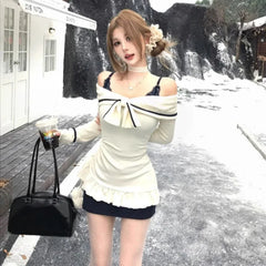 Lunivop Elegant Sexy Two-piece Set Mini Dress Women Coquette Off Shoulder Evening Party Dress Sweet Korean Style Ruffle Dresses