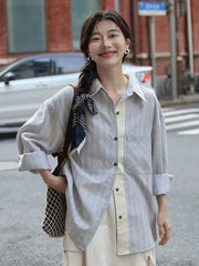 Lunivop Preppy Style Sweet Striped Shirt Women Loose Casual Long Sleeve Blouse Fall New Vintage Pocket Korean Female Simple Retro Tops