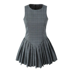 Lunivop Sexy O neck Gray Plaid Print Sleeveless Mini Dress Low Waist Spliced Folded Pleated Swing Women Tank Dresses Short Robe