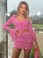 Lunivop Sexy Hot Girl Ruffled Edge Crop Top Mini Skirt Two-piece Set Slim Short Skirt Sets Beach Club Party Ladies Outfits