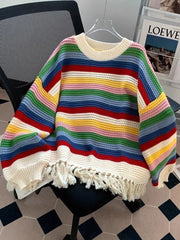 Lunivop Sweet Rainbow Tassel Sweaters Women Vintage Cute Loose Long Sleeve Knitted Jumper Casual Retro O Neck Lady Hollow Out Pullovers
