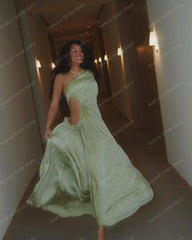 Lunivop Pretty Sage Pleated Satin Maxi Dress For Women Fashion One Shoulder Hollow Out Waist Lady Dress Summer Female Vestidos De