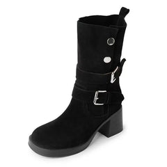 Lunivop Fashion Belt Buckle Vintage Mid-calf Boots Women Autumn Chunky Heels Western Cowboy Boots Woman PU Leather Knight Booties