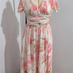 Lunivop Floral Print Summer Casual V -Neck Dresses Short Sleeves Maxi High Waist Midi Swing Dress For Women Elegant