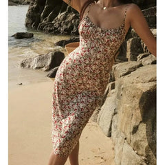 Lunivop Summer Ruched Chest Flower Print Backless Sling Dress Holiday Woman Adjust Spaghetti Strap Dresses Beach Holiday Robe Vestidos