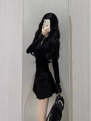 Lunivop Bla Pleated Long Sve irt Dr Slim Fit A-Line Skirt Women's Faion Early Spring New Sle Spicy Girl Waist...