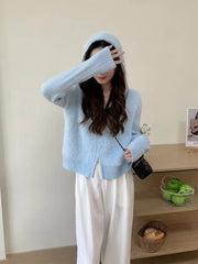 Lunivop Fuzzy Sweater Hoodie Zip-Up Mohair-Knit Cardigan Women Long Sleeve Hooded Crop Top Knitwear Fall Winter Teen-girl Y2K Outfit