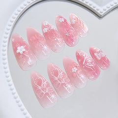 Lunivop 24pcs Press on Nails Acrylic with Tools 3D Butterfly Flowers Nail Tips Sweet Pink False Nails To Stick Almonds Nail Art Women