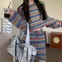 Lunivop Y2k Vintage 2 Piece Sets Women Korean Style Striped Knitted Skirt Sets Autumn Winter Street Sweater Sets Aesthetics