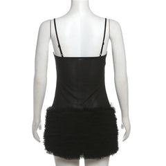 Lunivop Women Sexy Ruffles Black Sheer Mesh Patchwork Camisole Mini Dress Hollow Out Single Breasted Spaghetti Straps Bodycon Clubwear