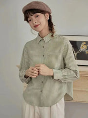 Lunivop Preppy Style Retro Striped Shirt Women Long Sleeve Elegant Sweet Blouse Japan Casual Pocket Fall Female Simple Vintage Tops New