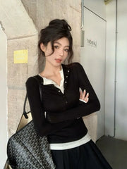 Lunivop Korean Chic Design Fake Two Pieces Long Sleeves Shirt Women Autumn 2024 New Elegant All Match Slim Fit Slimming Base Tops Winter